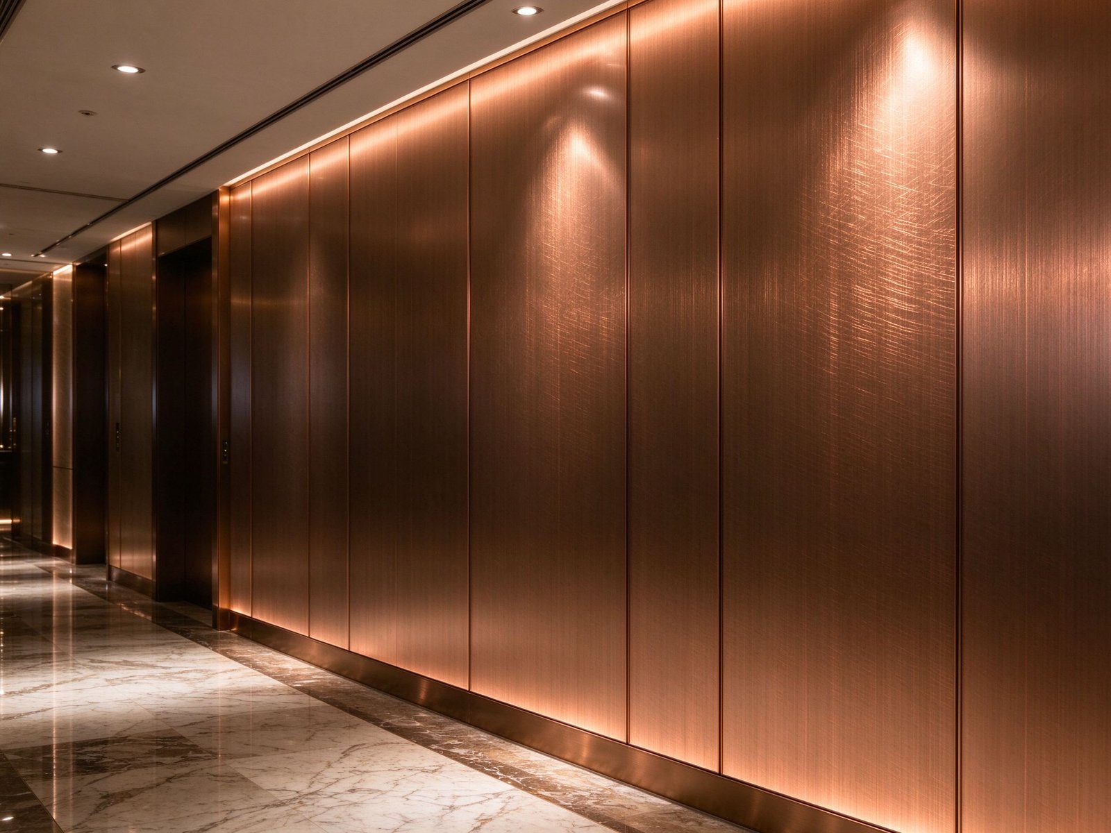 Antique copper stainless steel wall cladding in hotel interior