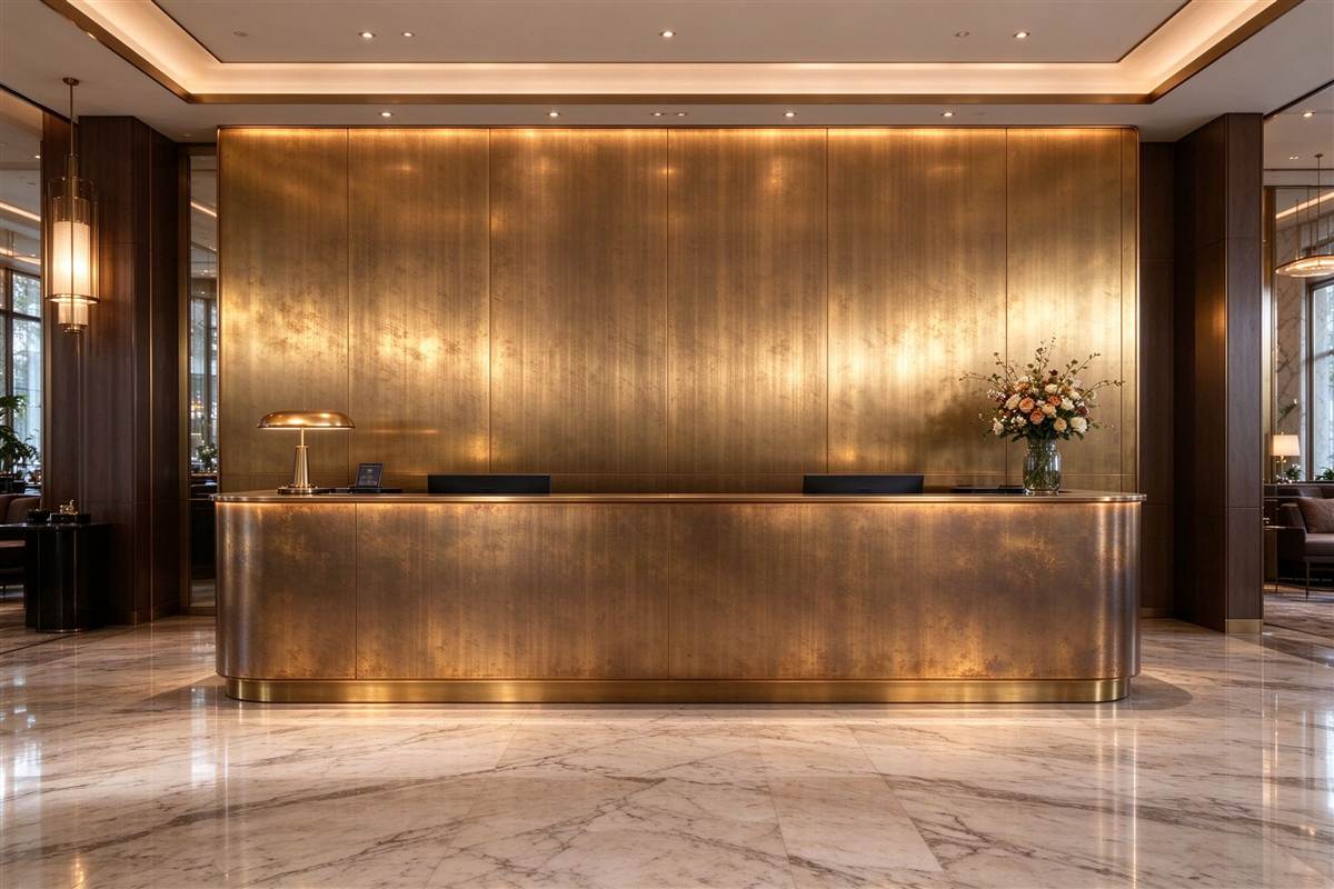 Embossed gold brass stainless steel wall panels in a corridor application