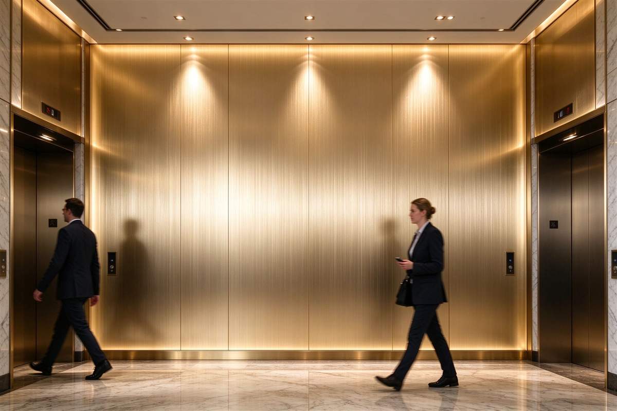 Vertical grain champagne gold PVD hairline stainless steel wall panels in a hotel elevator lobby