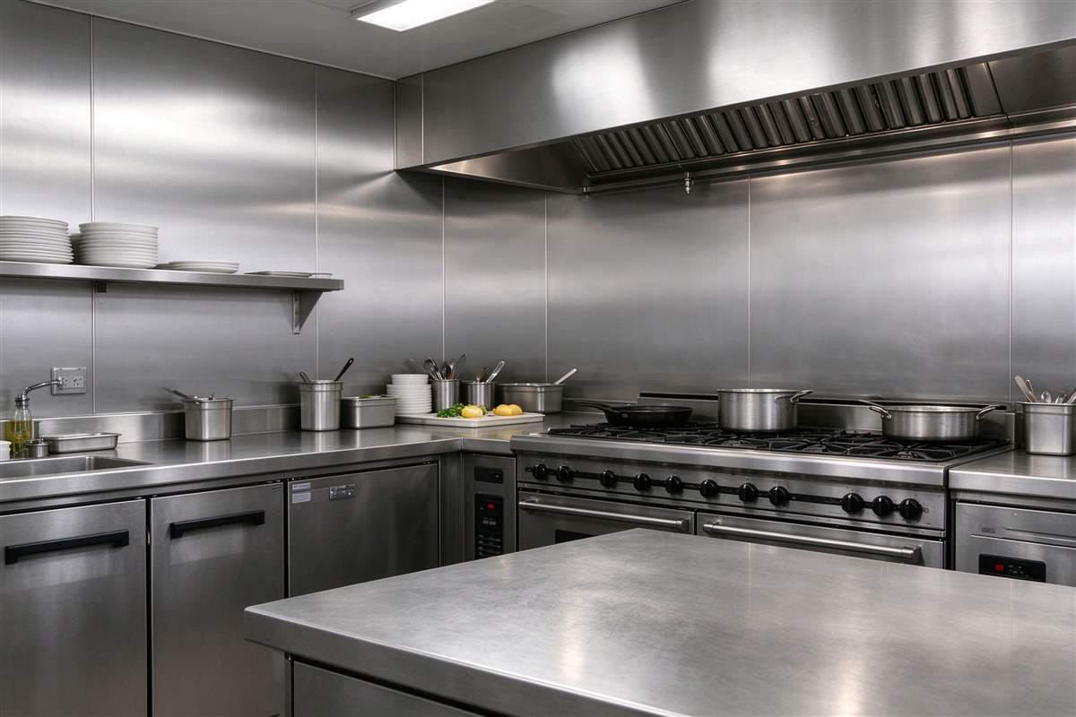 No.4 brushed stainless in a commercial kitchen